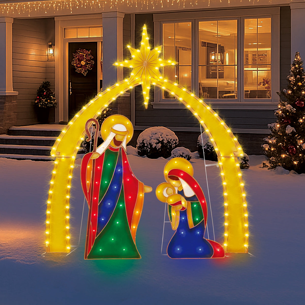 Indoor/Outdoor Light-Up Nativity Scene Set Christmas Decoration with 174 LED Lights, Multicolor, 3 Pieces, by Holiday Time