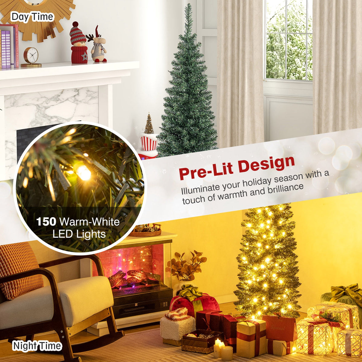 Gymax 9 FT Pre-Lit Artificial Christmas Tree Realistic Slim Pencil Xmas Tree