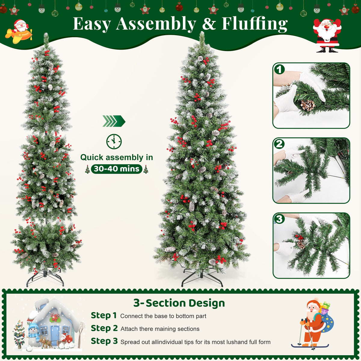 Aufeile 6ft Pencil Christmas Tree, Slim Pre-Lit Xmas Tree, 200 LED Lights, 600 Hinged Tips, Pine Cones, Berries, Metal Stand