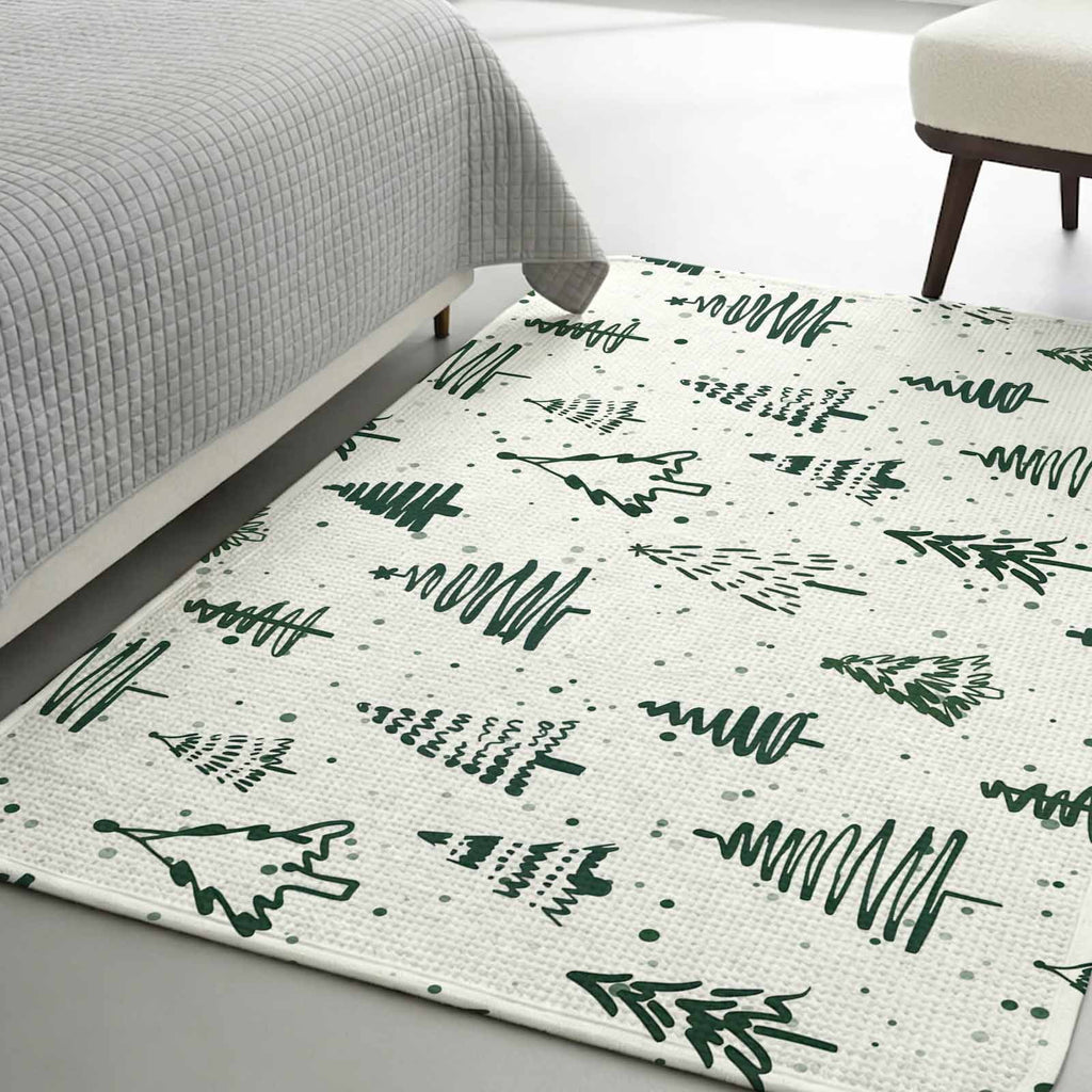 Large Area Rug 63"x78.7",Christmas Tree Absorbent Non Slip Indoor Outdoor Carpet,Xmas Green Cartoon Tree Snowflakes Farmhouse Low Profile Floor Rug Doormat for Living Room Dining Room Bedroom Office