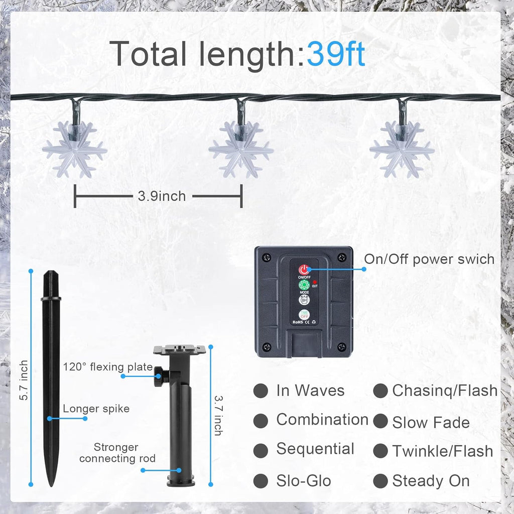 Fohil Solar Christmas Snowflake String Lights Outdoor Waterproof 100 LED Multicolor 8 Mode 39 ft for Christmas Tree Garden Fence Yard Decoration