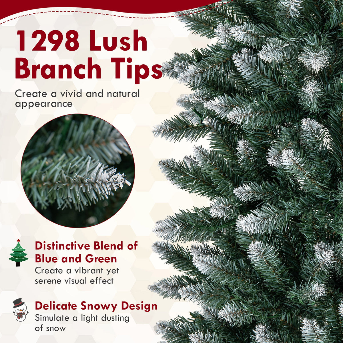 Gymax 9 FT Pre-Lit Artificial Christmas Tree Hinged Slim Pencil Xmas Tree w/ 1298 Snowy Branch Tips