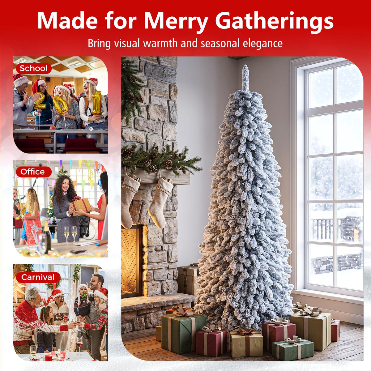 Costway 5 FT Pre-Lit Slim Christmas Tree Flocked Xmas Decoration 11 Modes 150 LED Lights