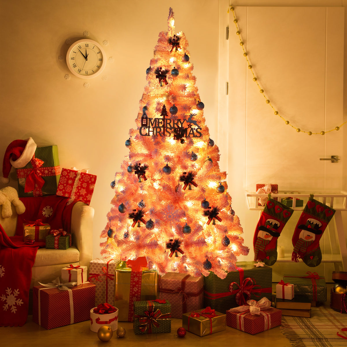 VEIKOUS 6ft Christmas Tree Crooked Neck with Topper, Prelit Xmas Tree with 200 LED Lights & 536 Branch Tips, Bendable Top Christmas Slim Tree for Holiday Decor, Green