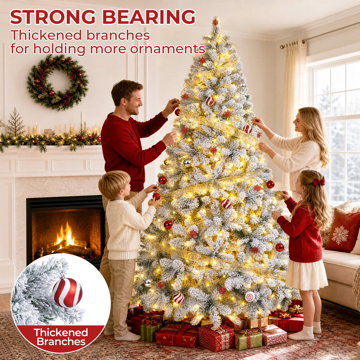 Firstness 6ft Pre-Lit Artificial Christmas Tree with 925 Branches,11 lighting Mode Snow Flocked Xmas Tree with Storage Bag
