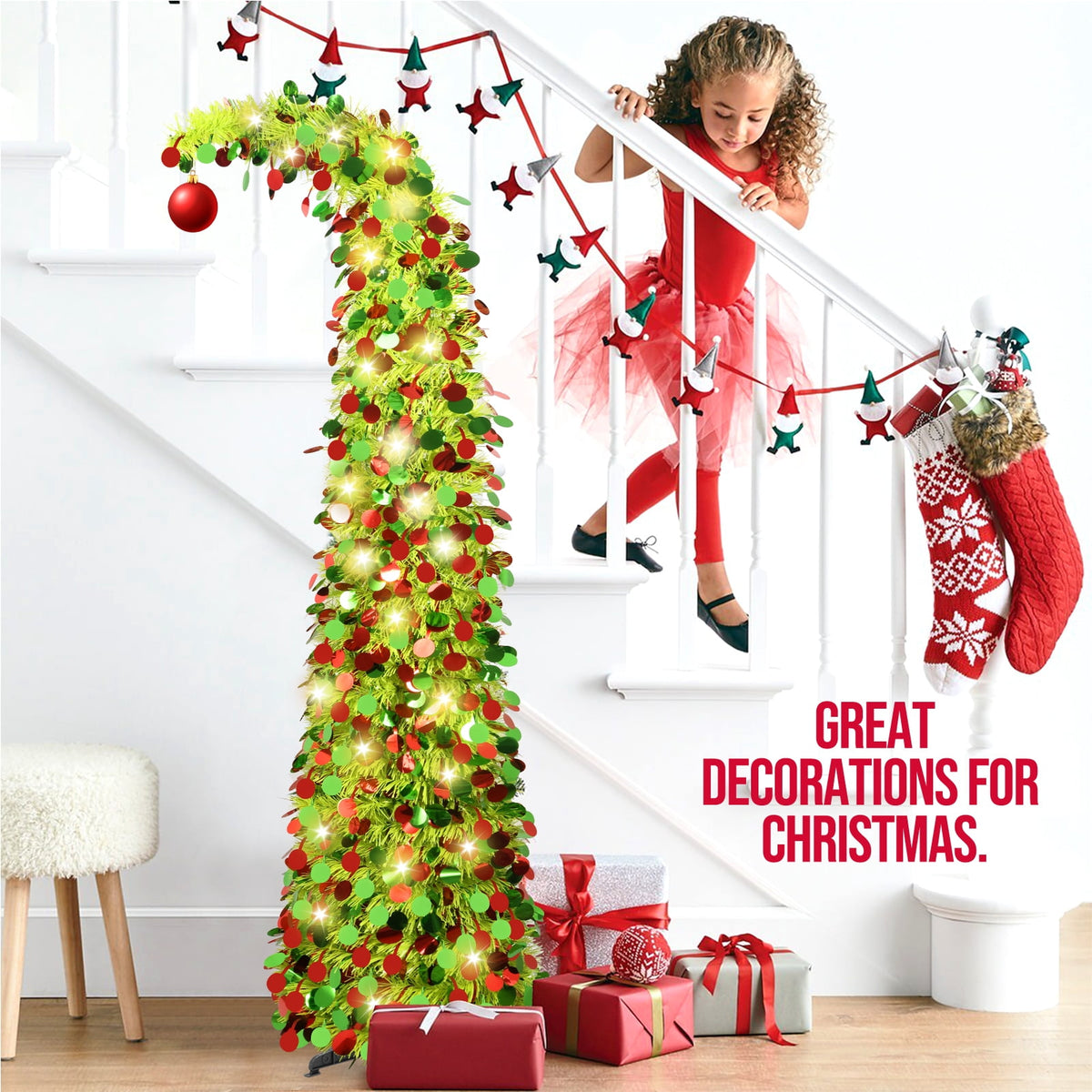 Ayieyill 5ft Pop up Christmas Tree,Color Artificial Pencil Tinsel Xmas Trees for Christmas Indoor Decorations, Collapsible Christmas Tree (Silver)