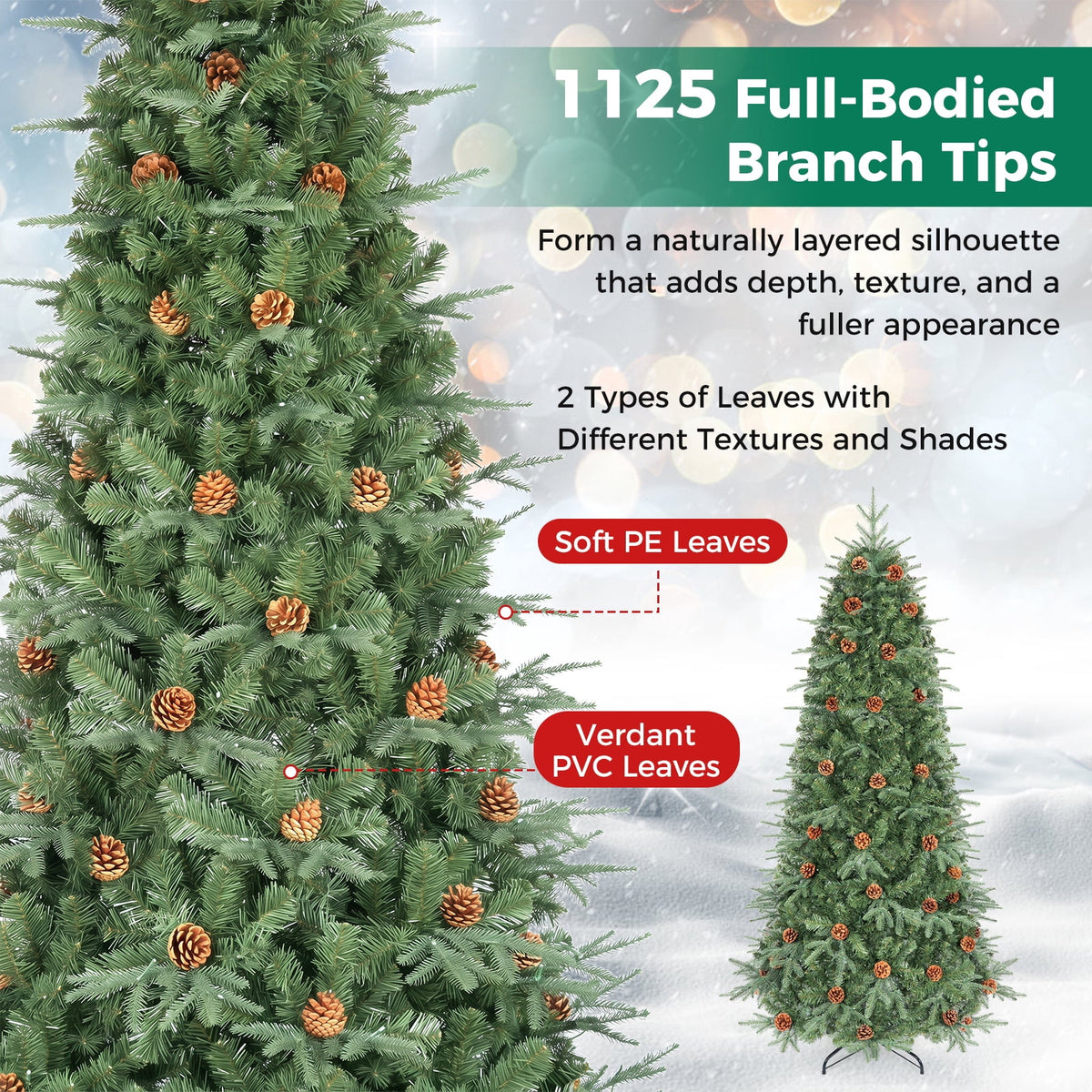Gymax 7.5 FT Pre-Lit Artificial Christmas Tree, Realistic Xmas Tree w/ 540 Warm White LED Lights 1125 Dense Branch Tips