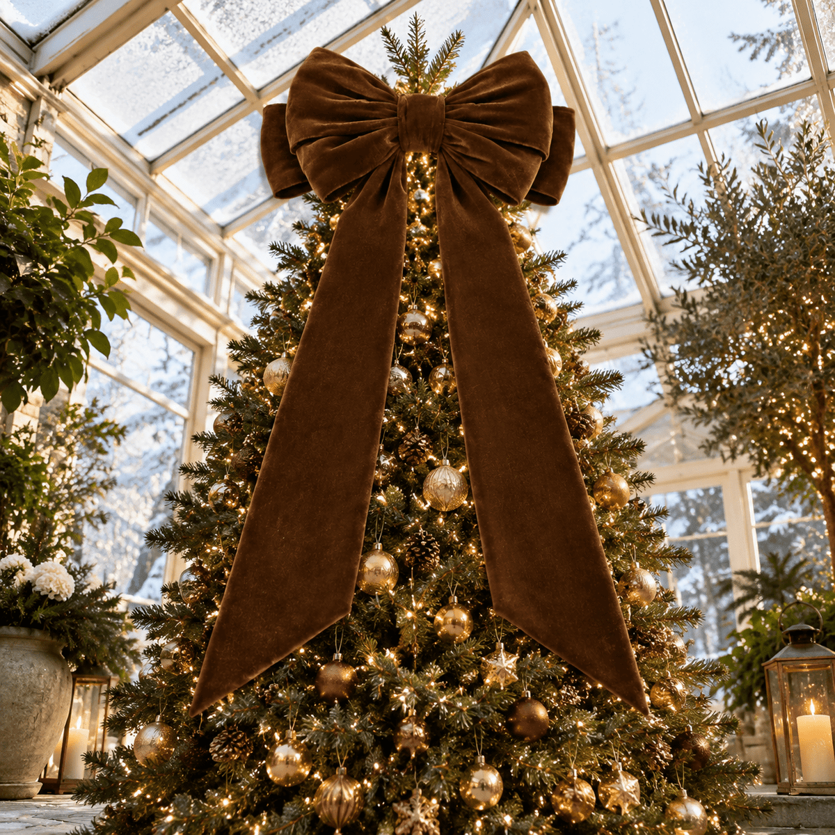 Brown Oversized Christmas Tree Topper Bow with Long Ribbon Tails
