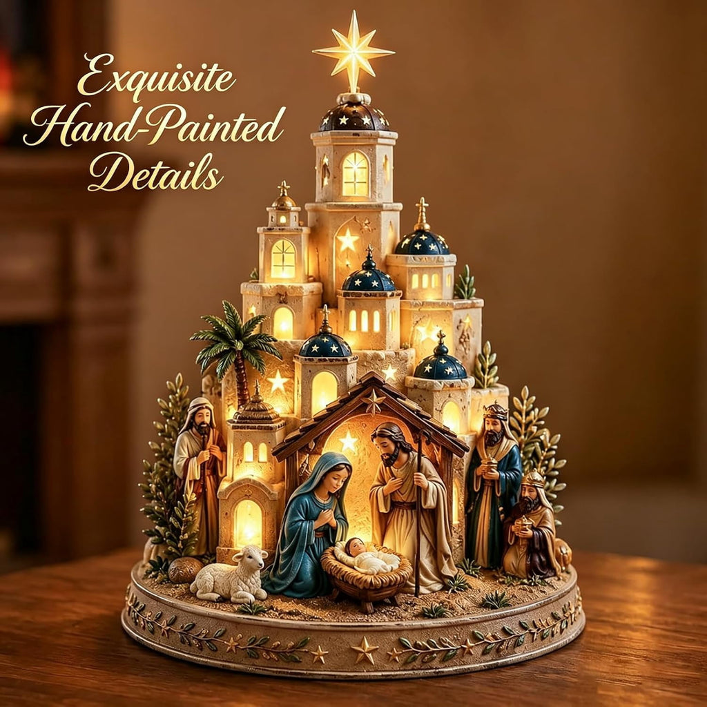 Bethlehem Nativity Church Light Tower, Lighted Nativity Scene Tabletop, Lighted Village Decoration with Star Accent Scene for Tabletop Home Display