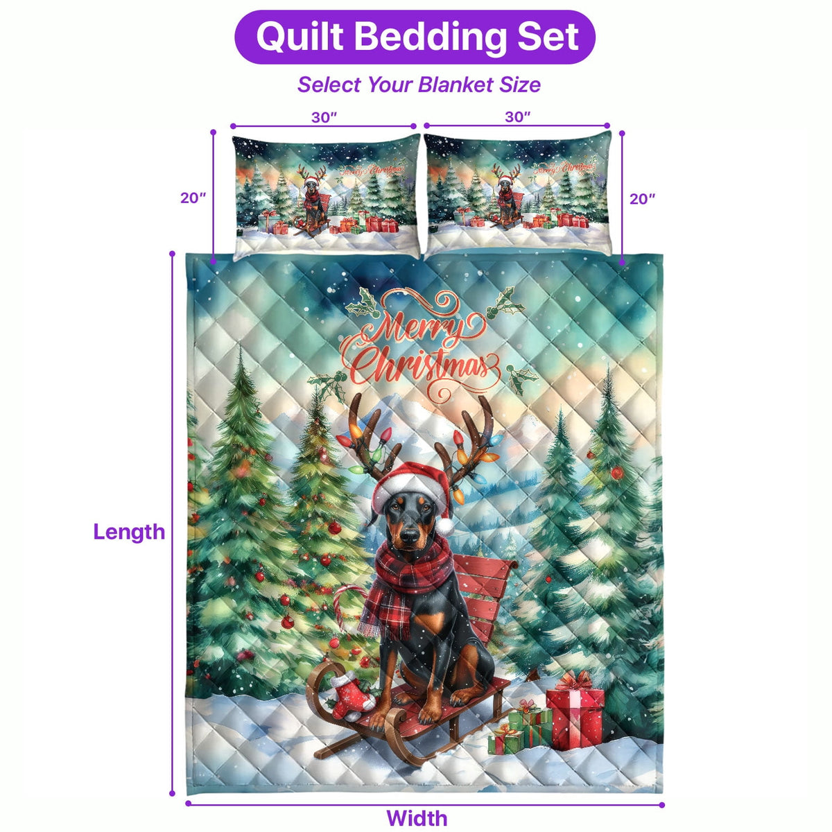 Merry Christmas Santa Reindeer Antlers French Bulldog Sleigh Xmas Winter Holiday Quilt Bedding Set Dog Lover Gifts 1 Blanket Bed Cover 2 Pillowcases - 00023