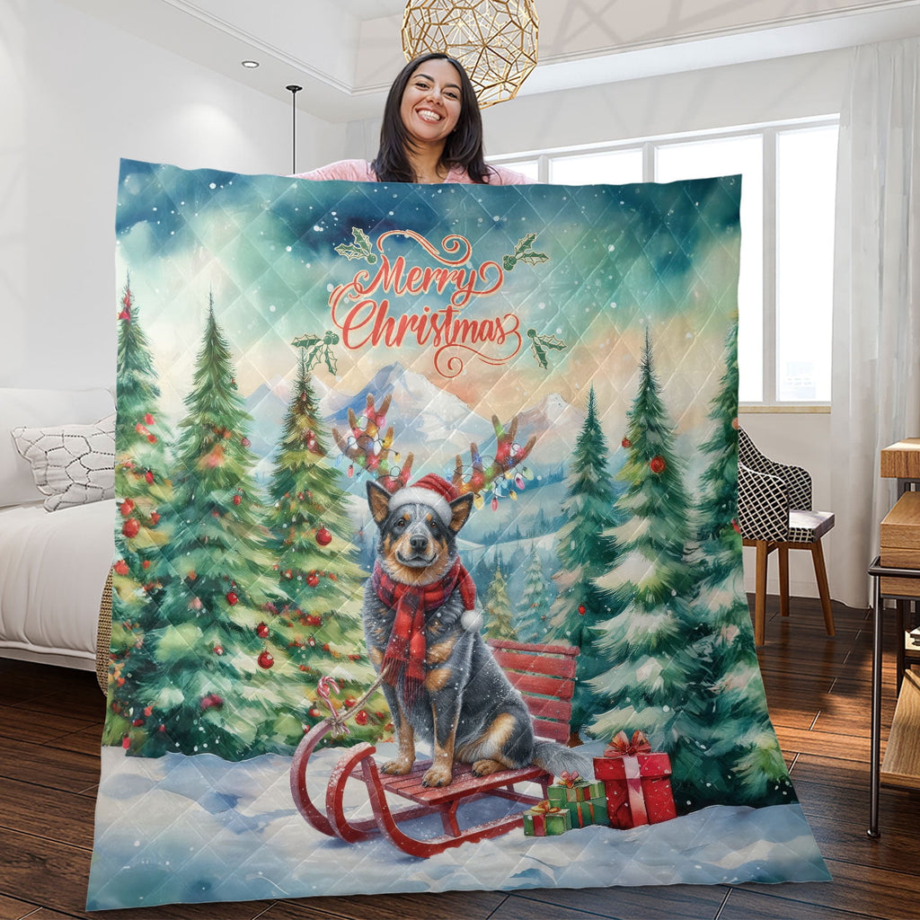 Merry Christmas Santa Reindeer Antlers French Bulldog Sleigh Xmas Winter Holiday Quilt Bedding Set Dog Lover Gifts 1 Blanket Bed Cover 2 Pillowcases - 00023