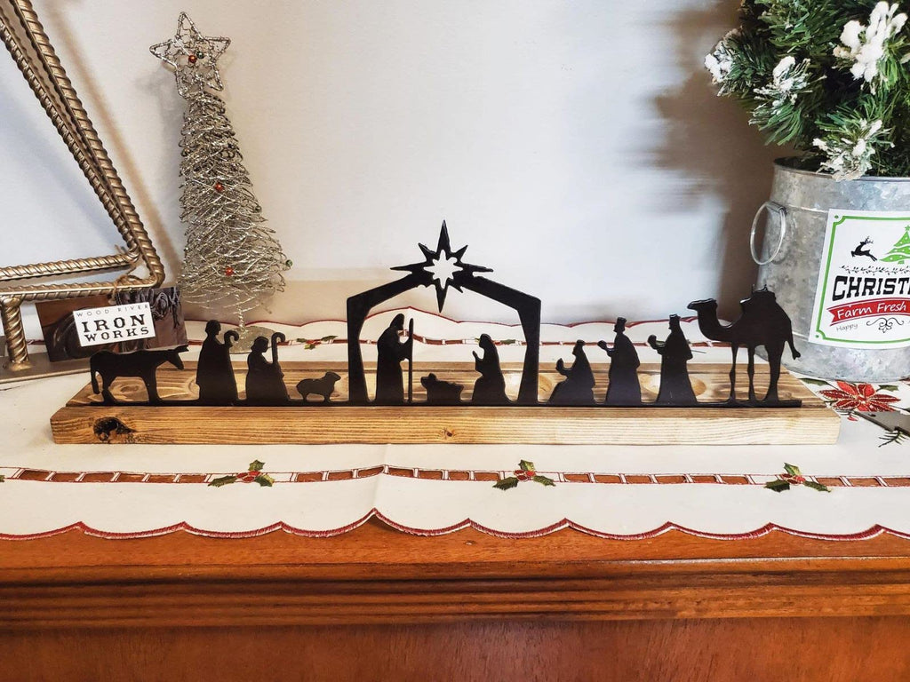 ADruer Nativity Sets for Christmas Indoor Decor Black Metal Nativity Scene with Wooden Base Little People Nativity Set for Christmas Winter Holiday Table Decor
