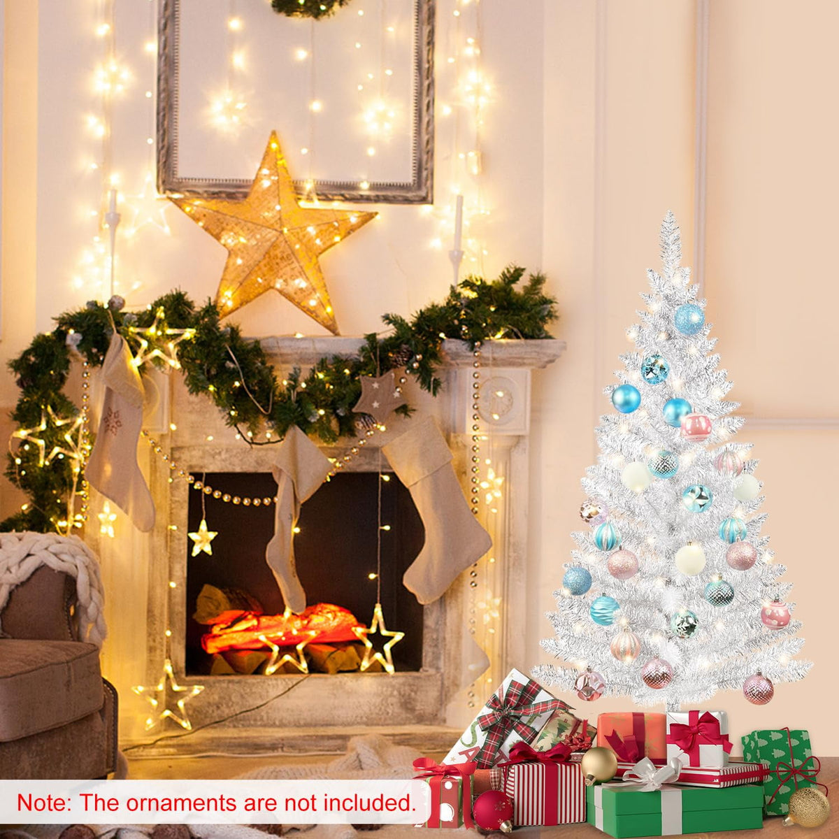 Bringstar 4FT Silver Artificial Christmas Tree with 50 String Lights, Mini Tinsel Tree, Not Pre-Lit, for Halloween & Holiday Home & Office Décor