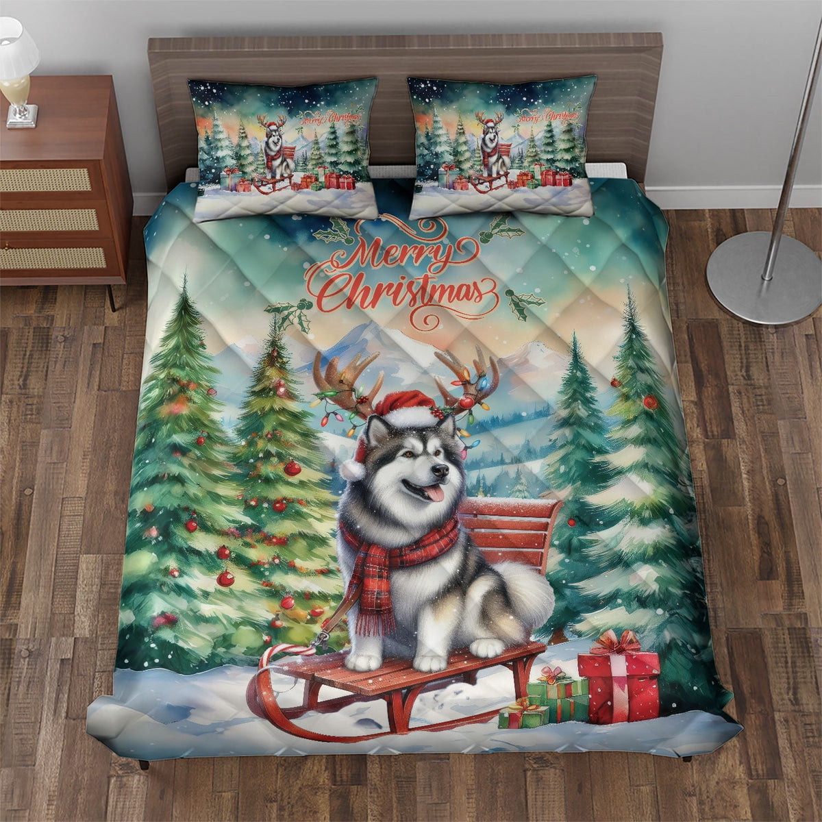 Merry Christmas Santa Reindeer Antlers French Bulldog Sleigh Xmas Winter Holiday Quilt Bedding Set Dog Lover Gifts 1 Blanket Bed Cover 2 Pillowcases - 00023