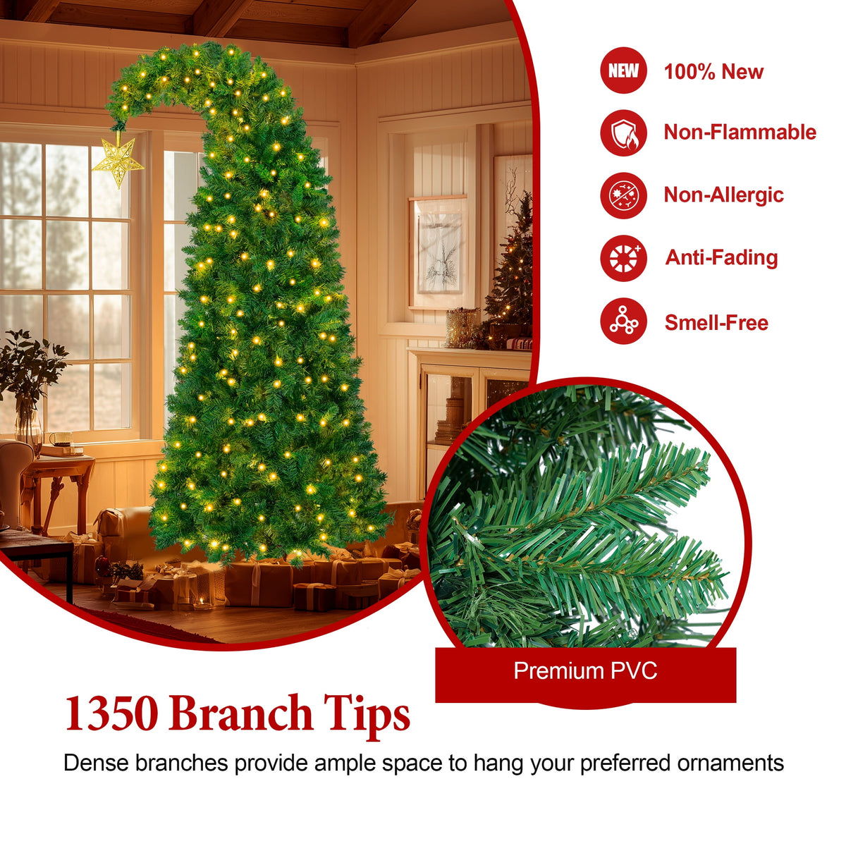 Firstness 6Ft Christmas Tree Crooked Neck, Prelit Artificial Xmas Tree with 250 Colorful Lights & 11 Modes, 825 Branch Tips, Storage Bag, PVC Bendable Top Christmas Tree