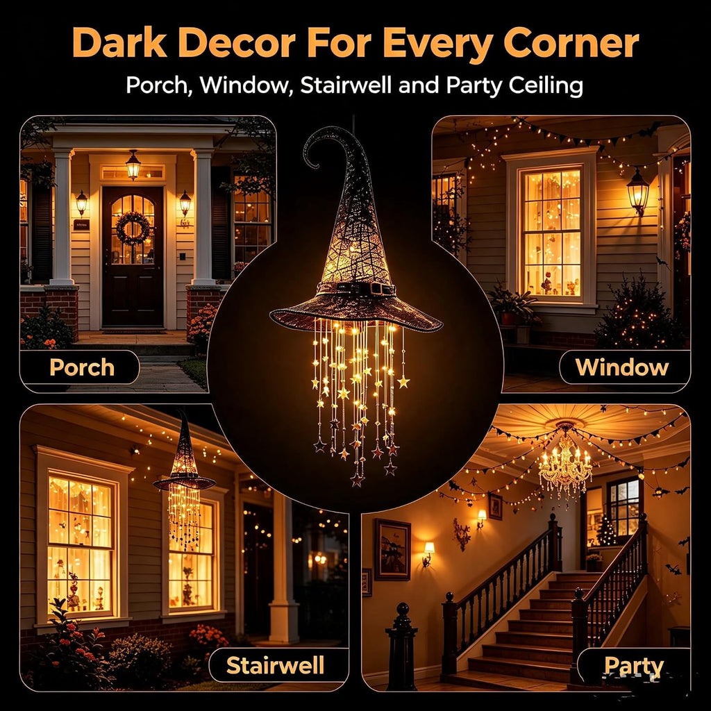 Lighted Witch Hat Hanging Chime 3Pack LED Star Garland Halloween Decoration Indoor Outdoor Yard Porch1PC