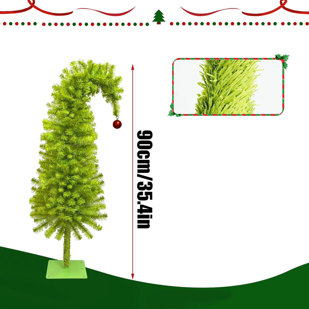 GoLucid 3ft Bent Top Greenery Christmas Tree with Multicolor LED Lights, 90cm High Density Green Curved Leaning Whimsical Xmas Tree for Indoor Holiday Decor