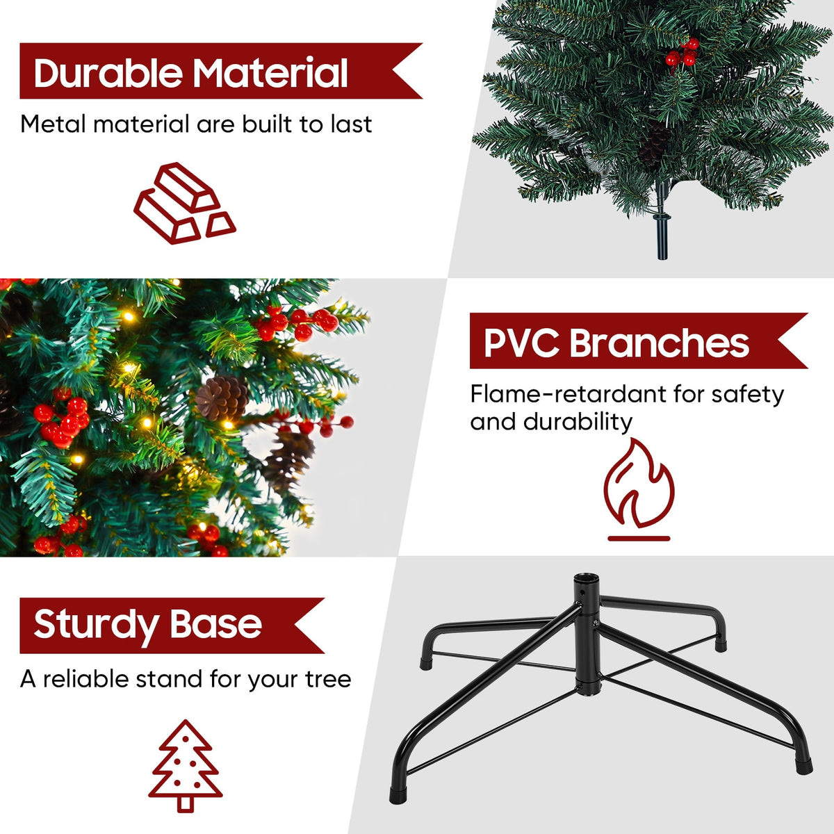7ft Pre-Lit Spruce Pencil Christmas Tree with 450 Lights, 920 Full Branch Tips, Slim Artificial Xmas Tree Pine Cone & Red Berries, Includes Metal Base, Ideal Xmas Decor for Home and Office, Green
