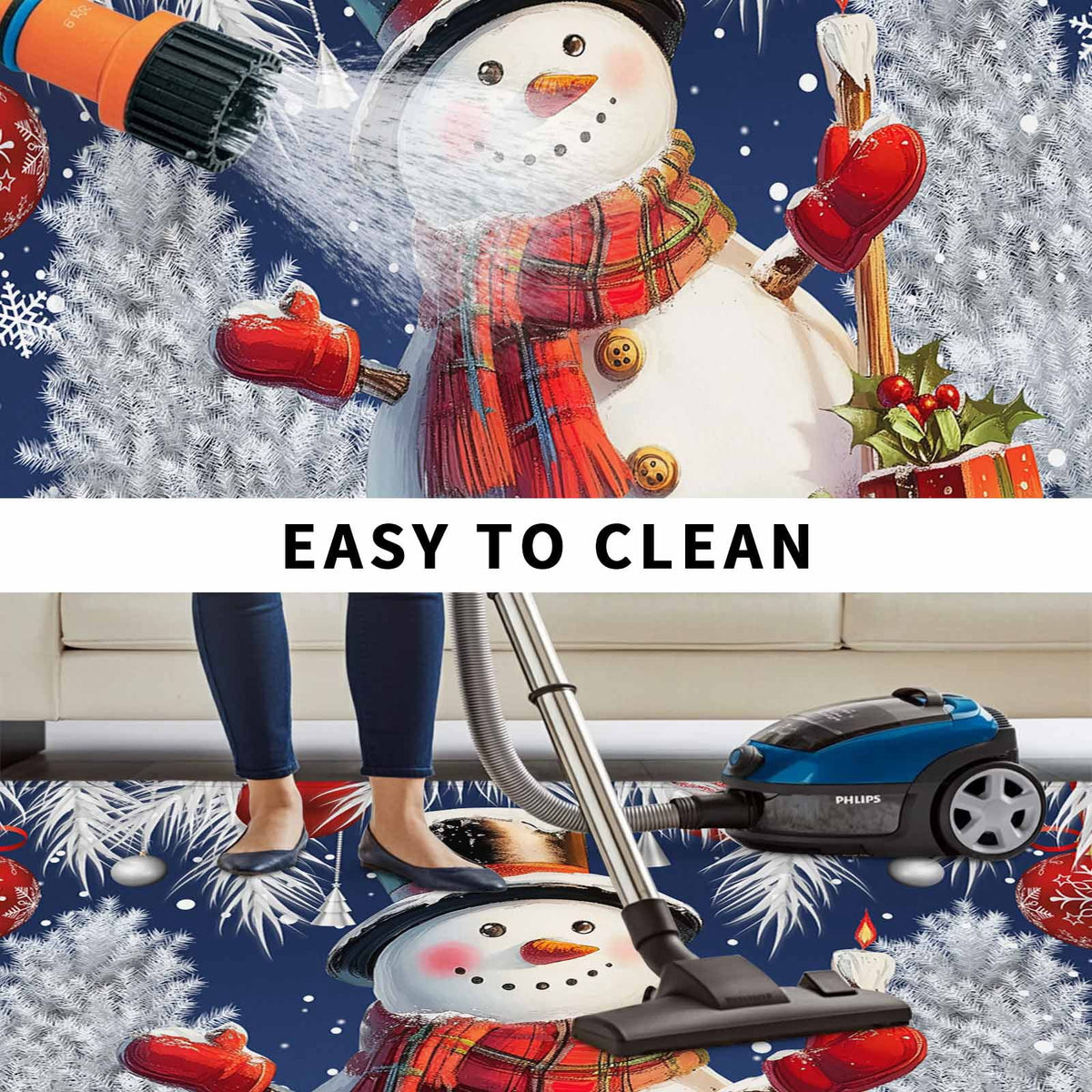 Grey Snowman Christmas Outdoor Rug for Patio/Deck/Porch, Non-Slip Large Area Rug 4 x 6 Ft, Xmas Tree Red Balls Snowflake Indoor Outdoor Rugs Washable Area Rugs, Reversible Camping Rug Carpet Runner