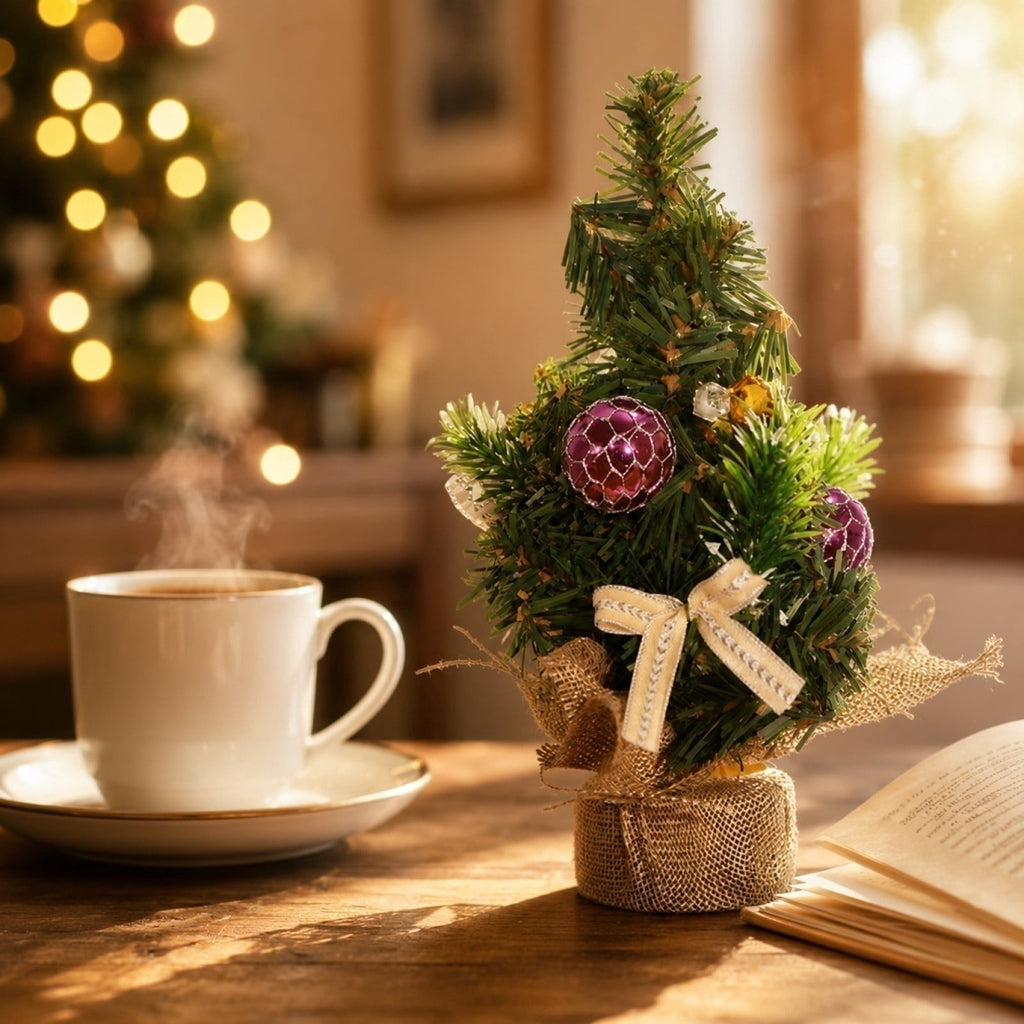 Surpdew Mini Christmas Tree Table Top Decorations- 9" Artificial Small Pine Trees with Burlap Base on Desktop, Shelves, Bedroom, Miniature Scenes Xmas for Home, Office, Party Decor