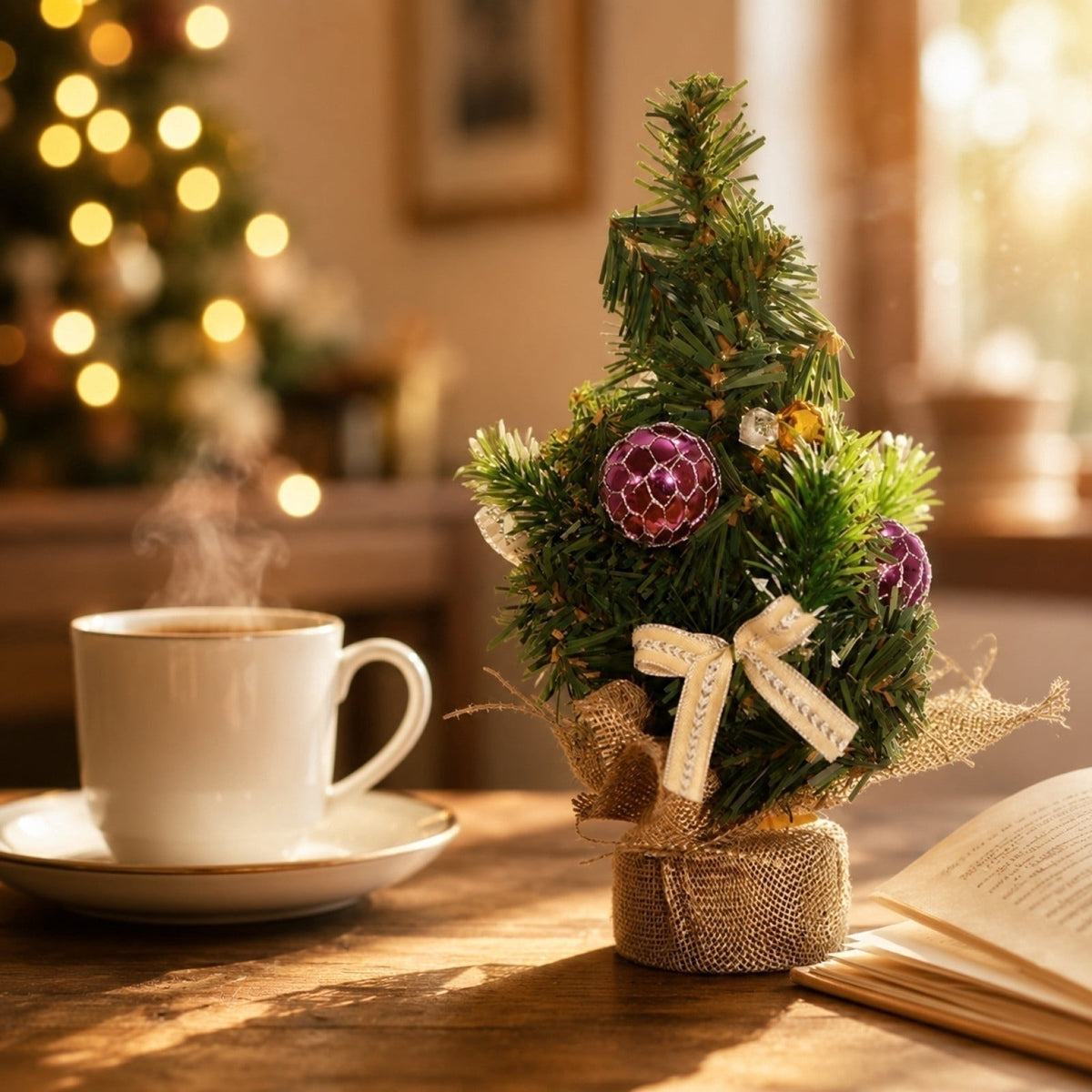 Surpdew Mini Christmas Tree Table Top Decorations- 9" Artificial Small Pine Trees with Burlap Base on Desktop, Shelves, Bedroom, Miniature Scenes Xmas for Home, Office, Party Decor