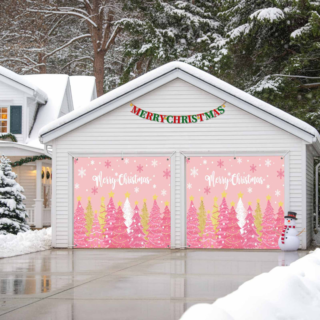 Fsddascl 7 x 16 Ft Christmas Garage Door Cover, Black Christmas Tree Large Garage Door Banner, Xmas Snowflake Green Golden Hanging Garage Mural Background for Indoor Outdoor Xmas Party Supplies