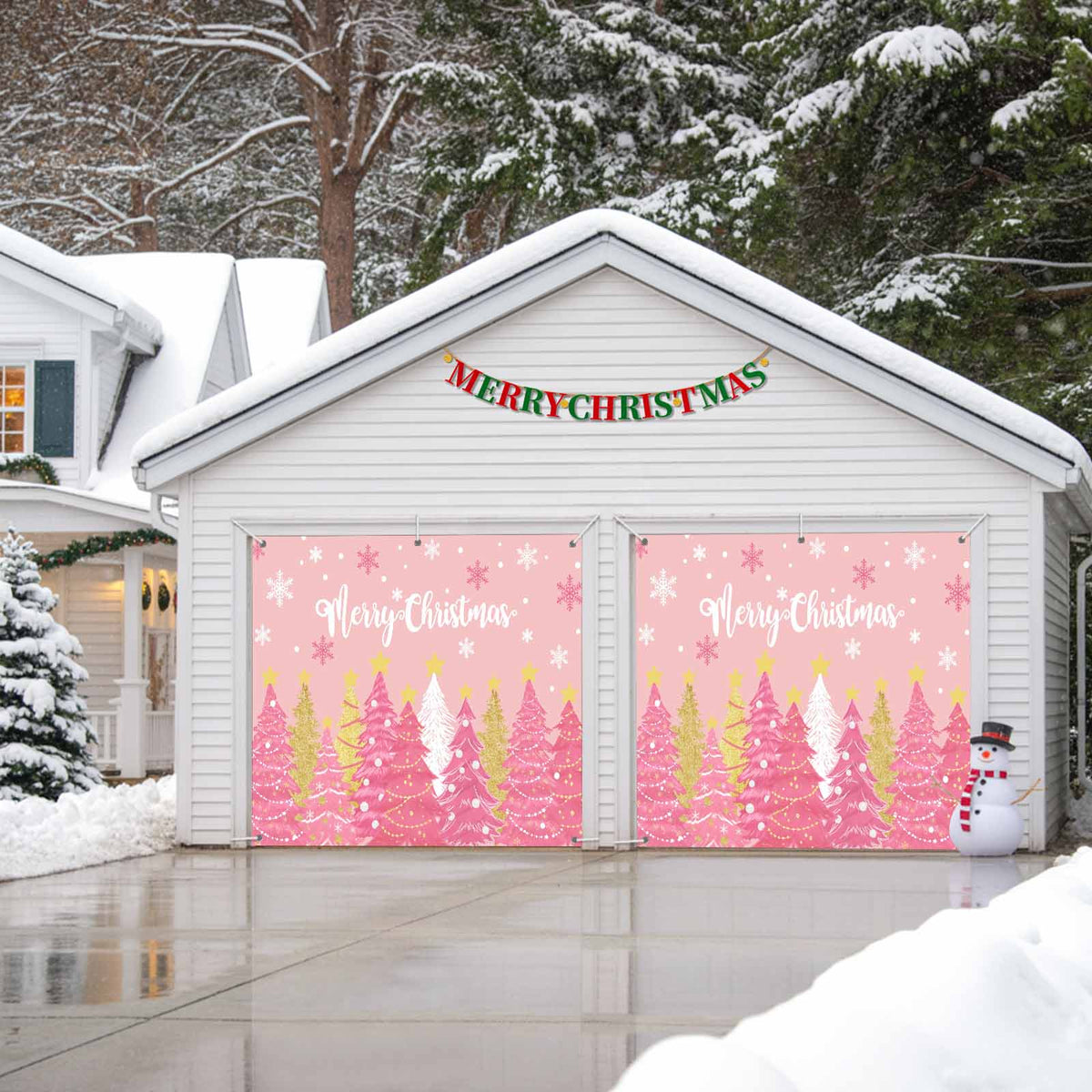 Fsddascl 7 x 16 Ft Christmas Garage Door Cover, Black Christmas Tree Large Garage Door Banner, Xmas Snowflake Green Golden Hanging Garage Mural Background for Indoor Outdoor Xmas Party Supplies