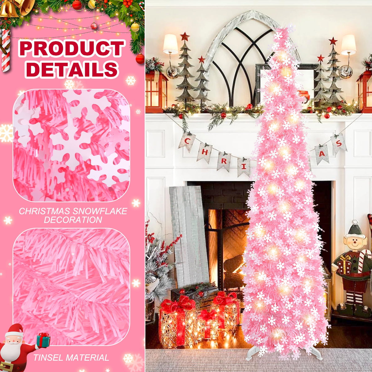 Ayieyill 5ft Pop up Christmas Tree,Color Artificial Pencil Tinsel Xmas Trees for Christmas Indoor Decorations, Collapsible Christmas Tree (Silver)