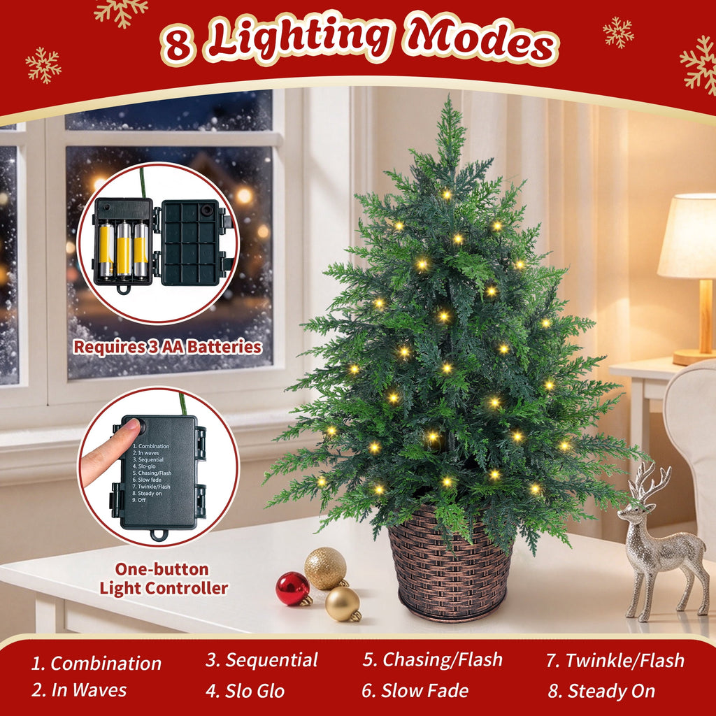 Firstness 4Ft Pre-Lit Potted Christmas Trees with 8 Lighting Modes, PE Cypress Artificial Tree for Porch Entryway Indoor Outdoor Decor
