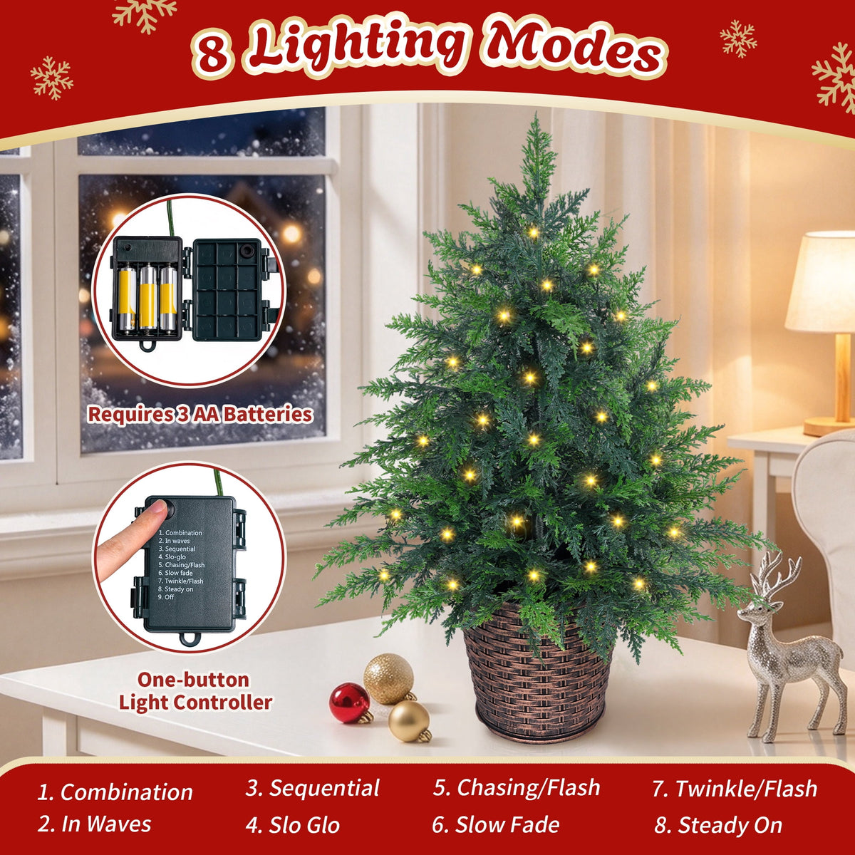 Firstness 4Ft Pre-Lit Potted Christmas Trees with 8 Lighting Modes, PE Cypress Artificial Tree for Porch Entryway Indoor Outdoor Decor