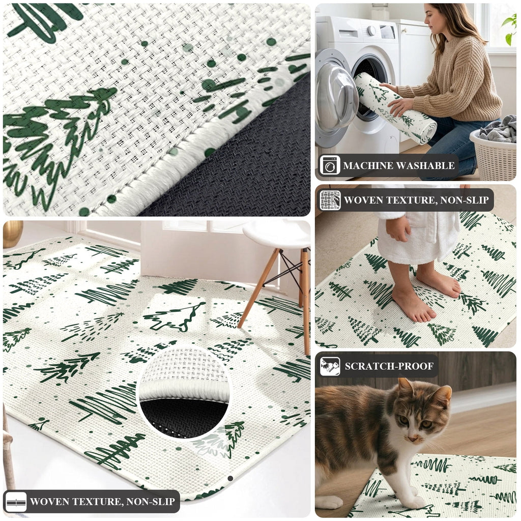 Large Area Rug 63"x78.7",Christmas Tree Absorbent Non Slip Indoor Outdoor Carpet,Xmas Green Cartoon Tree Snowflakes Farmhouse Low Profile Floor Rug Doormat for Living Room Dining Room Bedroom Office