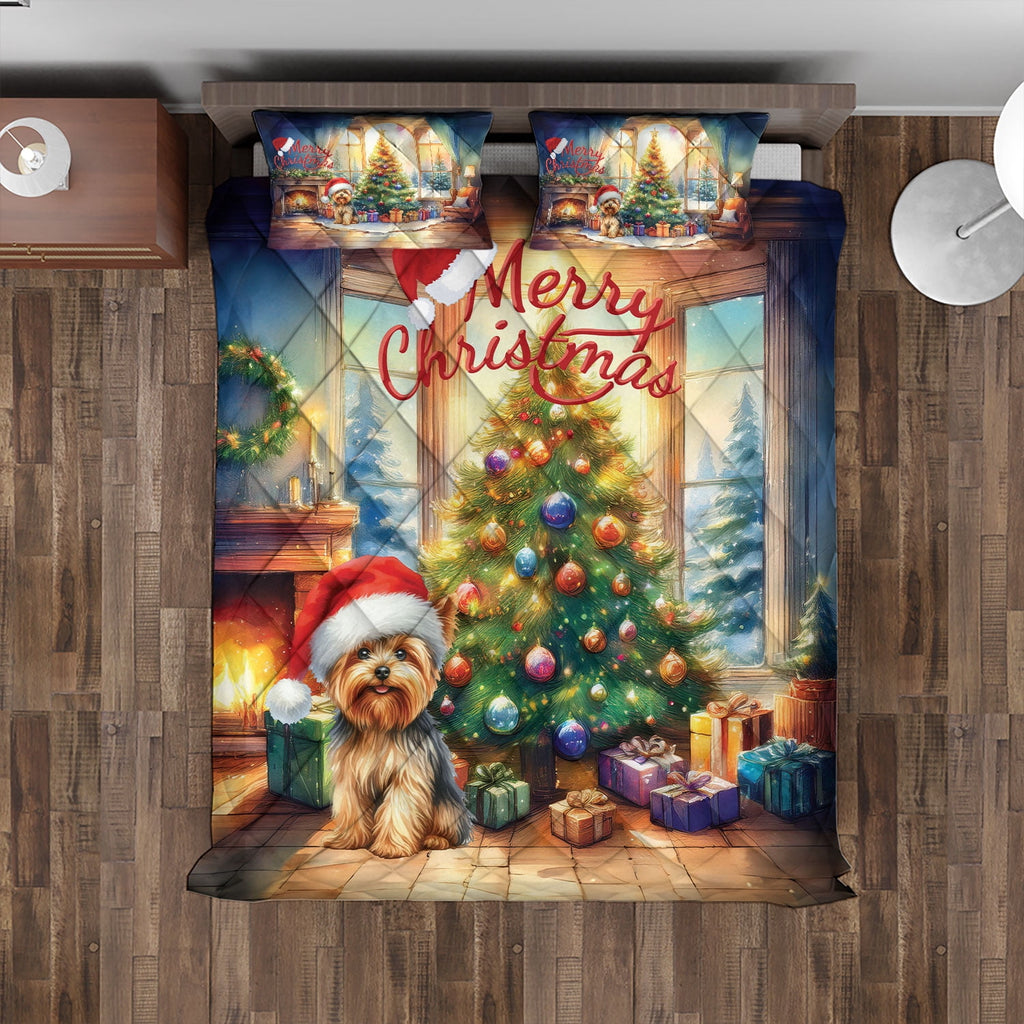 Merry Christmas French Bulldog Santa Hat Xmas Tree Winter Holiday Quilt Bedding Set Dog Lover Gifts 1 Blanket Bed Cover 2 Pillowcases - 01013
