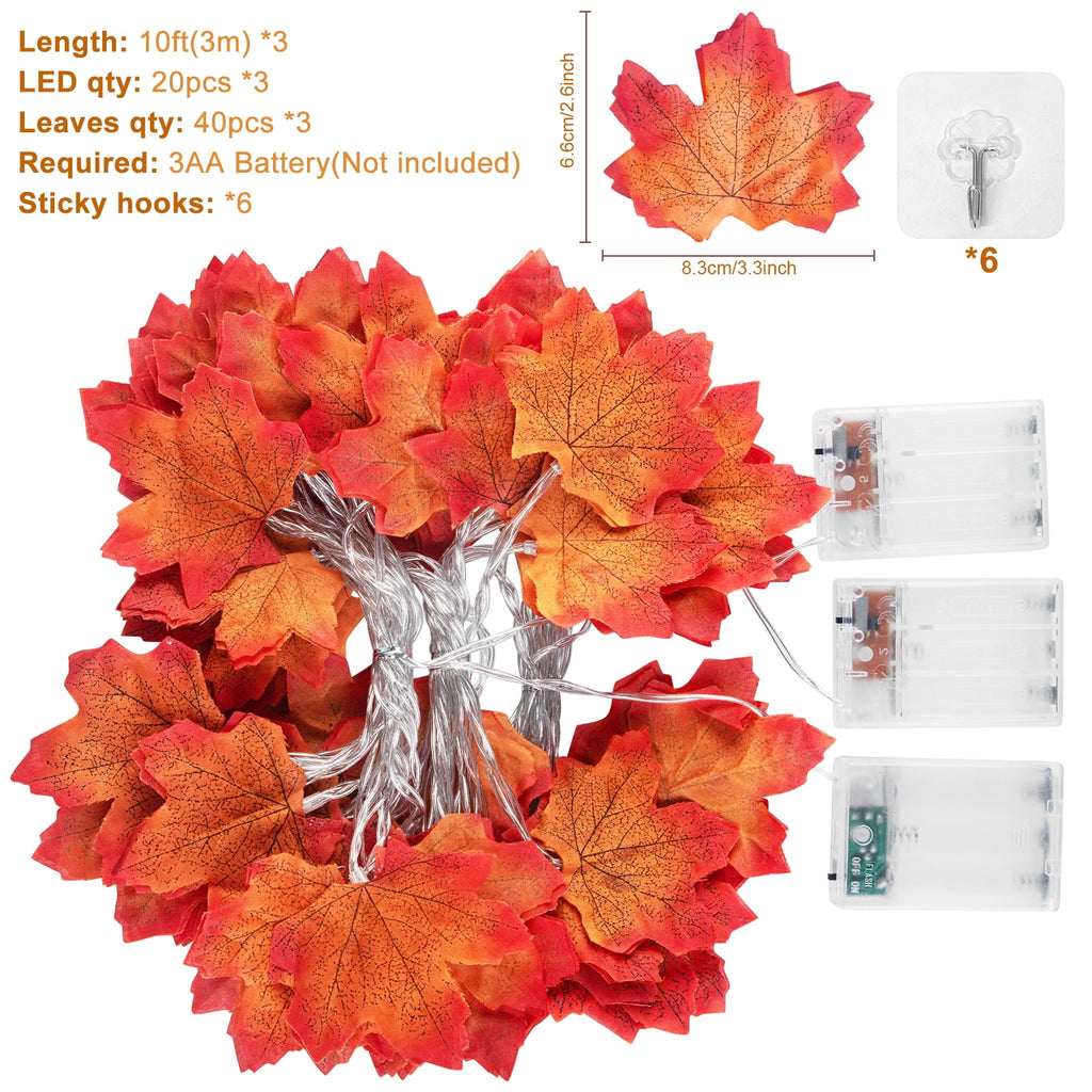 Scidweet 6 Pack Fall Garland with Lights, 60FT 120 LED Fake Autumn Maple Leaves Garland Indoor Outdoor Fall Decorations for Home Patio Party Table Thanksgiving Harvest Halloween Decor, Orange