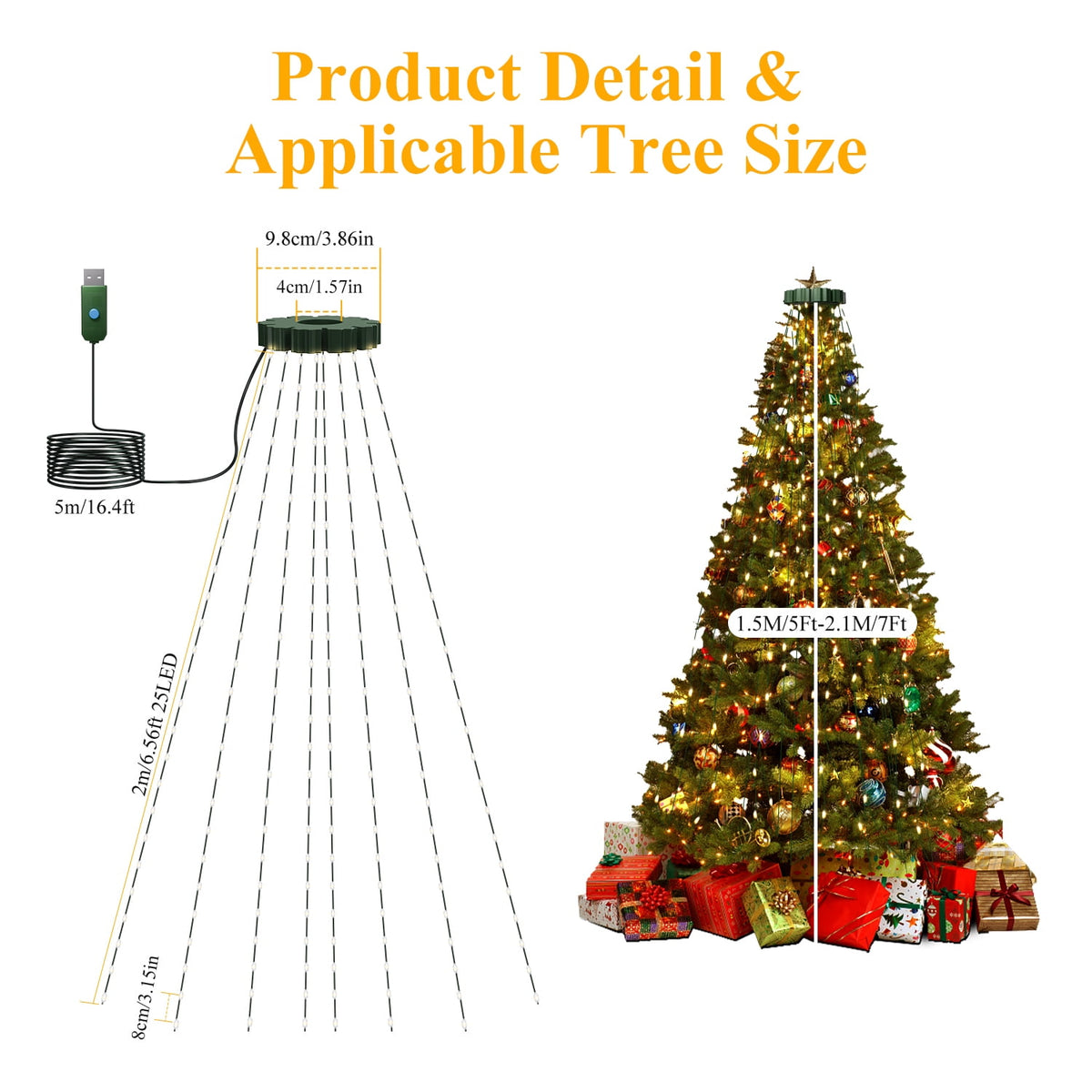 6.6FT 400 LED USB Christmas Tree Lights with Remote and Timer, Dimmable Waterproof Twinkle String Lights 8 Modes for 5-7FT Tree Indoor Outdoor, Warm White
