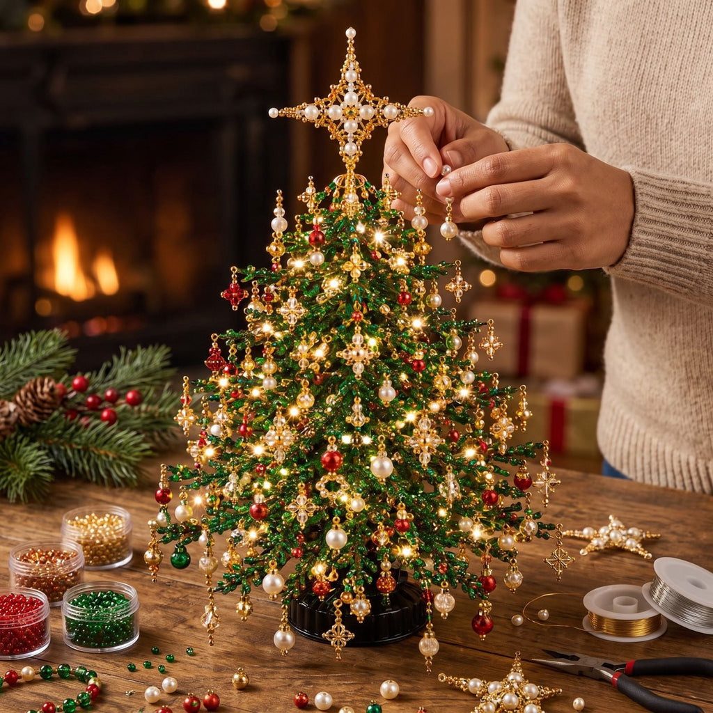 DIY Beaded Christmas Tree Kit - Handmade Mini Tabletop Xmas Tree with Santa Topper, Built-In Warm Lights, Holiday Decor Craft Gift for Adults