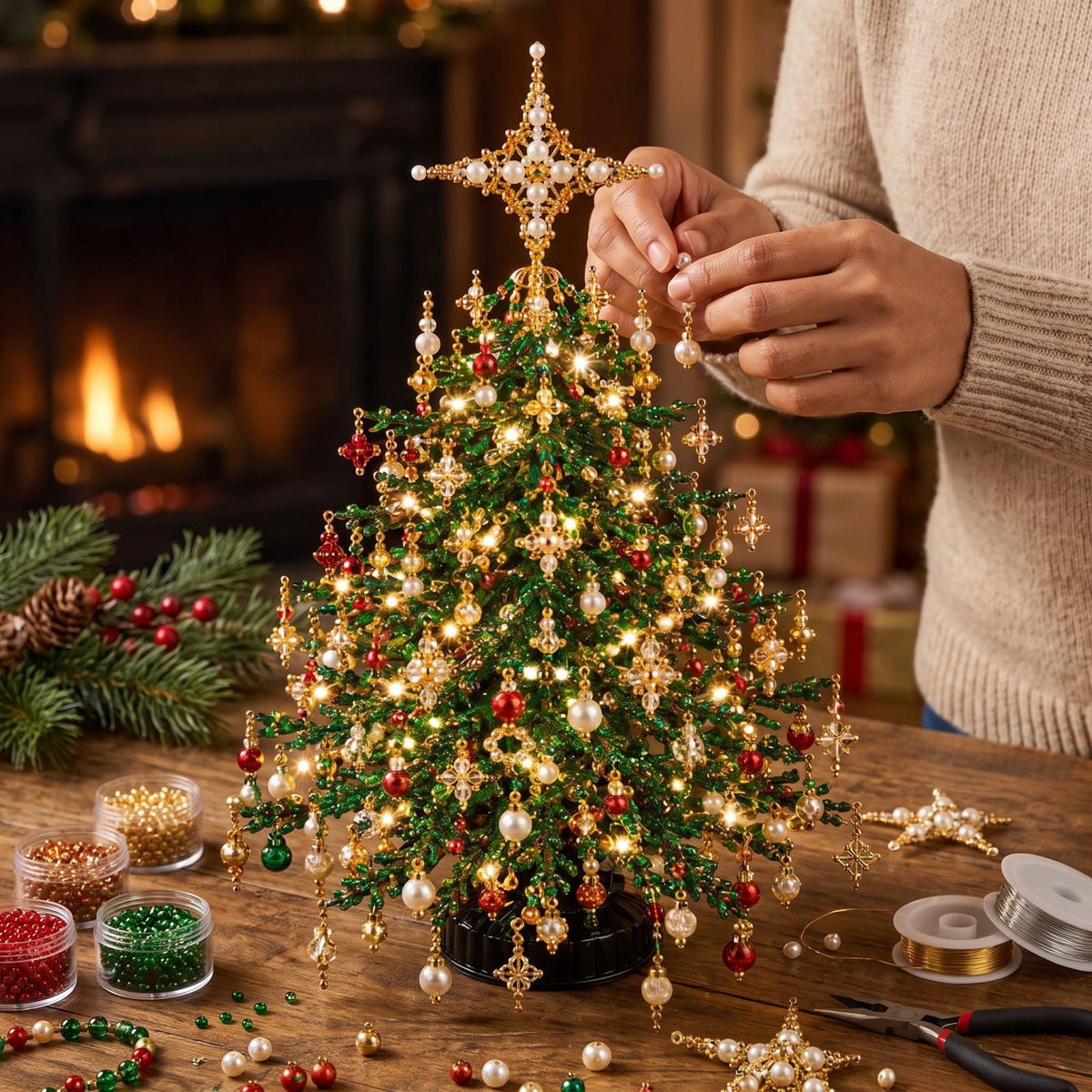DIY Beaded Christmas Tree Kit - Handmade Mini Tabletop Xmas Tree with Santa Topper, Built-In Warm Lights, Holiday Decor Craft Gift for Adults