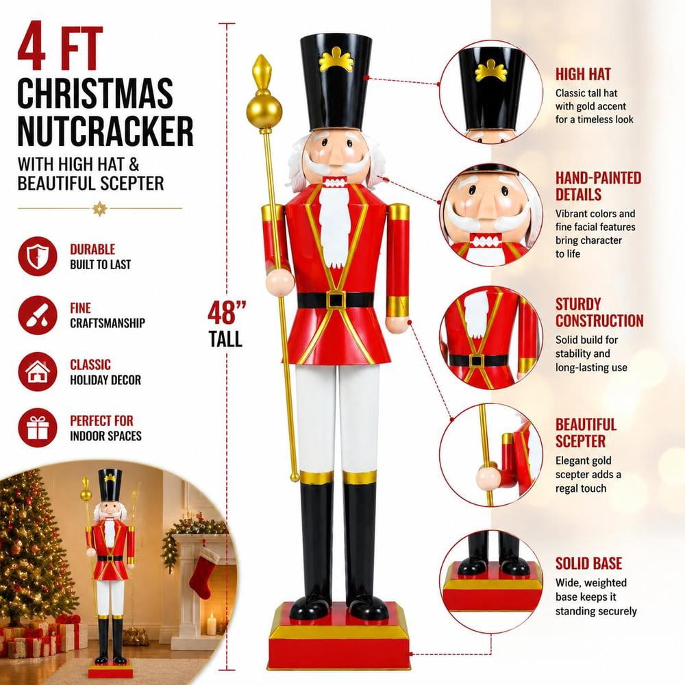 4 Ft Christmas Nutcracker with High Hat, Scepter, Metal Frame, Sturdy Base, and Hidden Storage - Black and Red