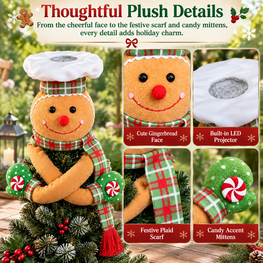 Green White Plush Gingerbread Man Christmas Tree Topper with Rotating LED Light