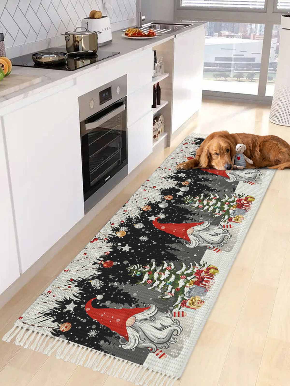 Grey Red Christmas Large Area Rug 4x6ft Woven Runner Rug,Snowflake Gnomes Xmas Tree Winter Gifts Living Room Bedroom Kitchen Bathroom Classroom Carpet with Tassels,Indoor Outdoor Throw Door Mat