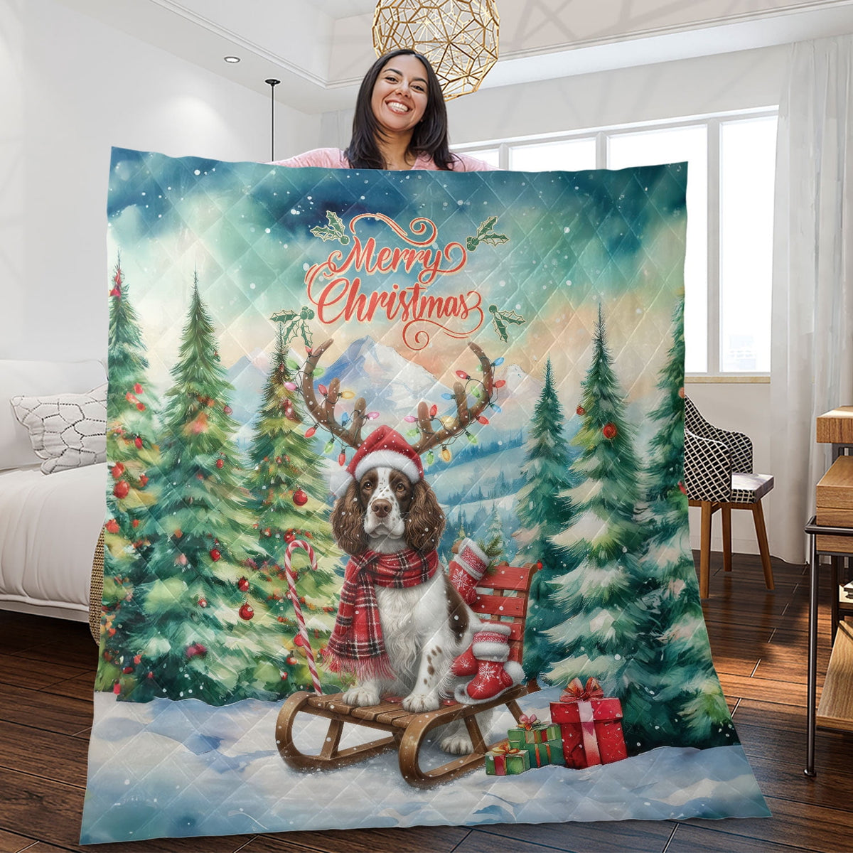 Merry Christmas Santa Reindeer Antlers French Bulldog Sleigh Xmas Winter Holiday Quilt Bedding Set Dog Lover Gifts 1 Blanket Bed Cover 2 Pillowcases - 00023