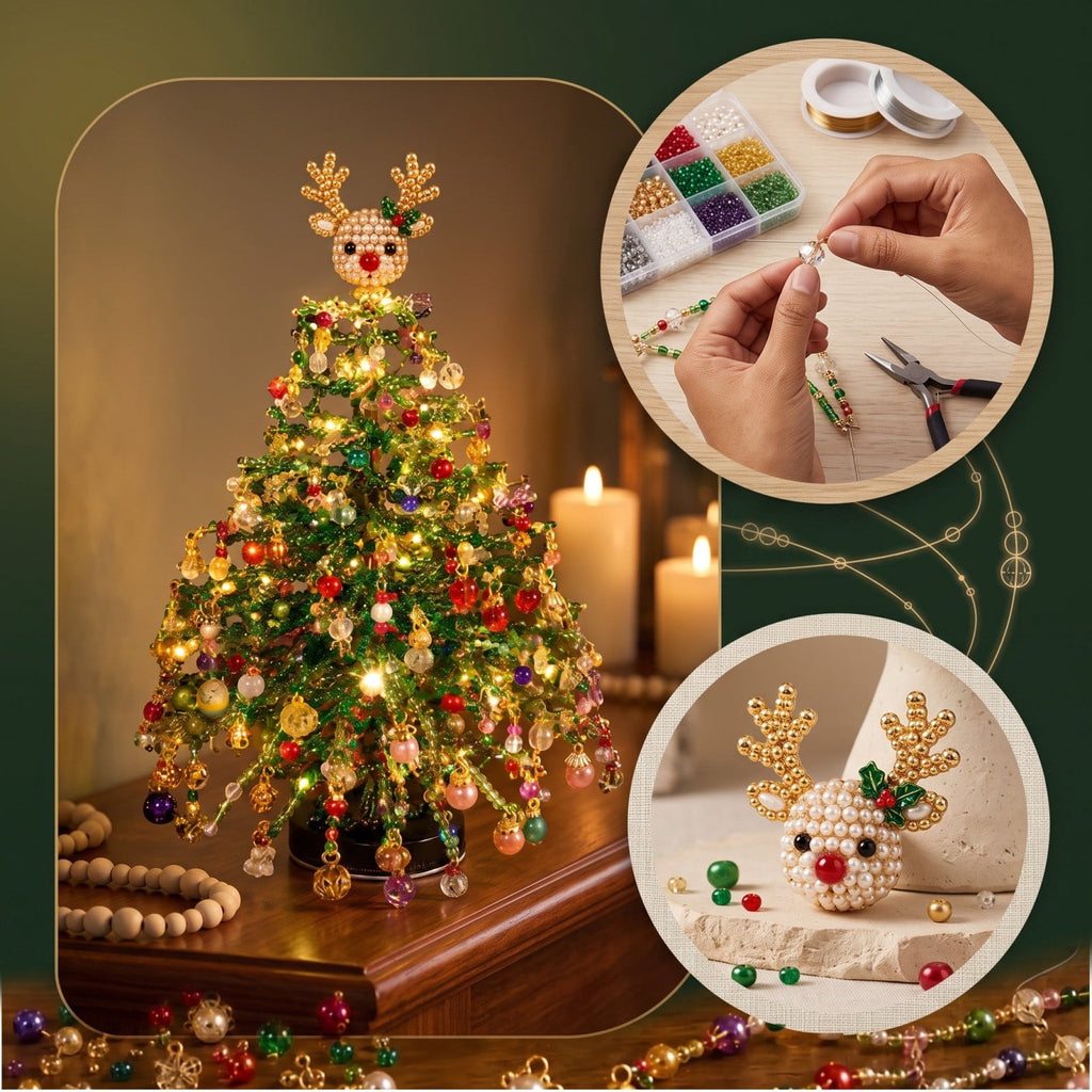 DIY Beaded Christmas Tree Kit - Handmade Mini Tabletop Xmas Tree with Santa Topper, Built-In Warm Lights, Holiday Decor Craft Gift for Adults