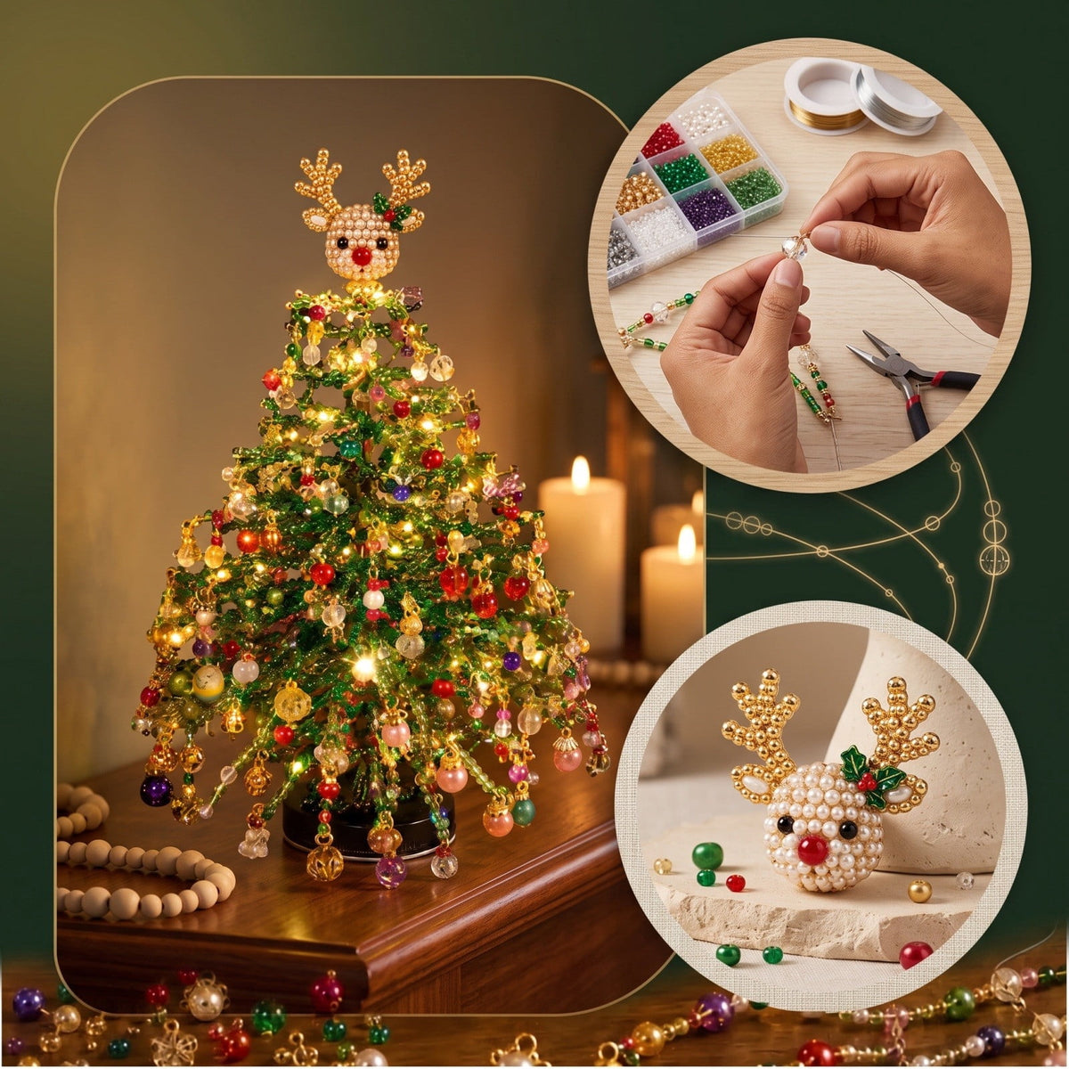 DIY Beaded Christmas Tree Kit - Handmade Mini Tabletop Xmas Tree with Santa Topper, Built-In Warm Lights, Holiday Decor Craft Gift for Adults