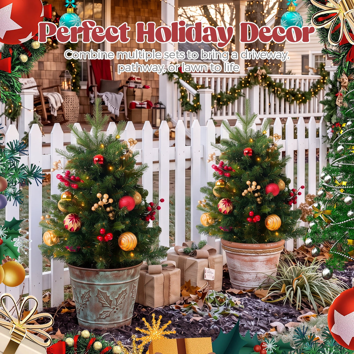 2 Pack 30 inch Prelit Outdoor Pathway Christmas Tree, Artificial Small Xmas Tree with Dual Color Berries & Balls, 30 Battery Operated Warm Lights for Holiday New Year Winter Patio Driveway Yard Lawn