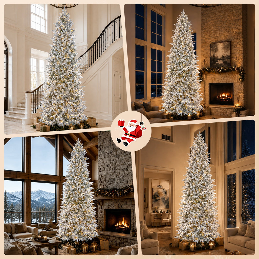 Goosiay 7FT Pre-Lit Flocked Fir Christmas Tree, 1060 PE & PVC Tips, 300 Warm White LED Lights, Snowy Hinged Artificial Christmas Tree for Living Room & Holiday Decor