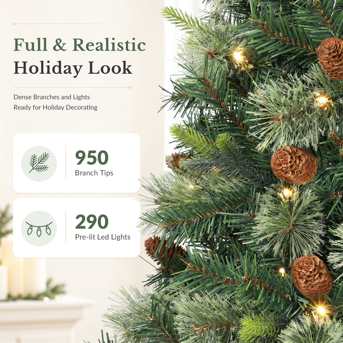 Lolsea 5.5ft Prelit PE Pine Artificial Christmas Tree with Lifelike Needles & Pine Cones, Remote Control, Warm White & Multi‑Color LED Lights