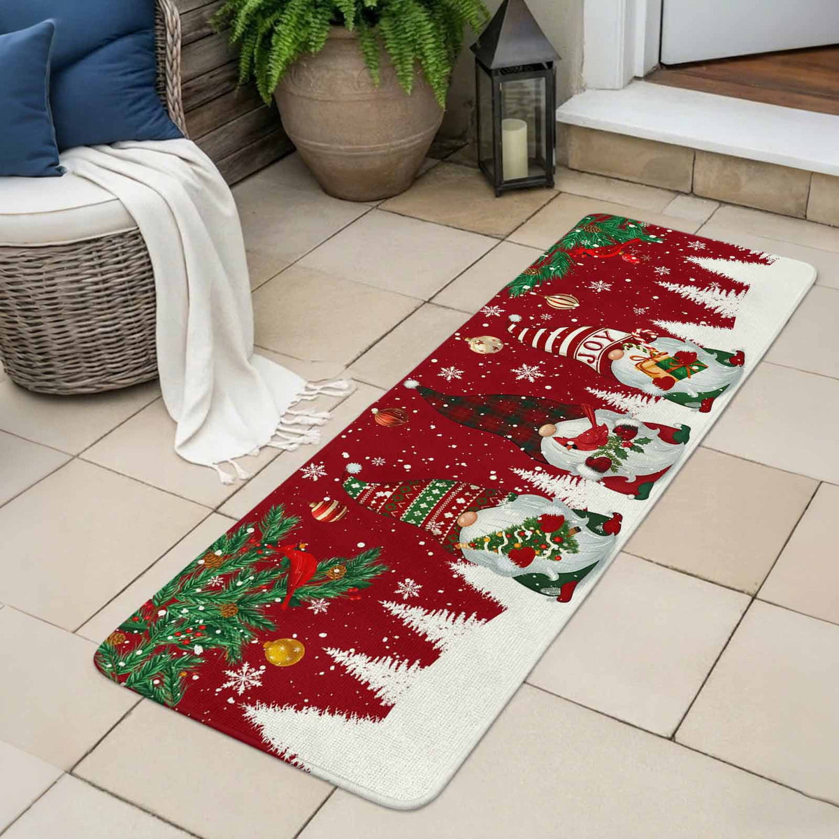 Hallway Runner Rug 31.5"x78.7",Christmas Gnomes Absorbent Non Slip Indoor Outdoor Carpet,Red Joy Pine Branches Cardinal Birds Low Profile Runner Rugs for Corridor Kitchen Laundry Room Entryway
