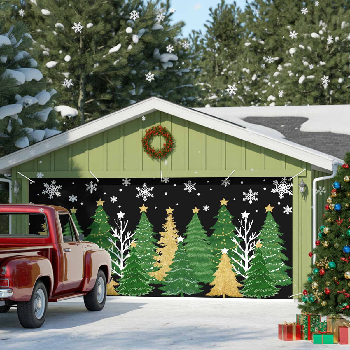 Fsddascl 7 x 16 Ft Christmas Garage Door Cover, Black Christmas Tree Large Garage Door Banner, Xmas Snowflake Green Golden Hanging Garage Mural Background for Indoor Outdoor Xmas Party Supplies