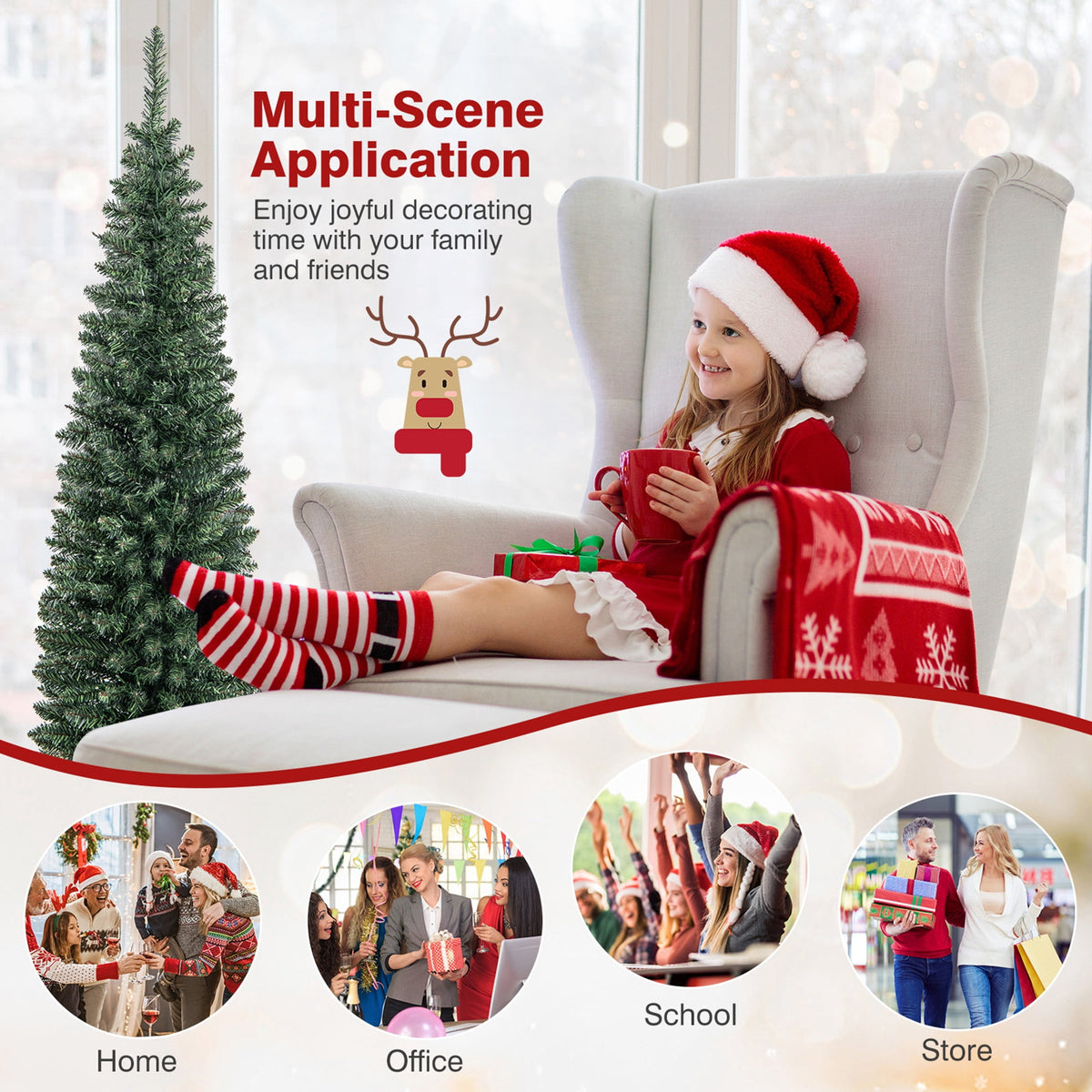 Gymax 9 FT Pre-Lit Artificial Christmas Tree Realistic Slim Pencil Xmas Tree