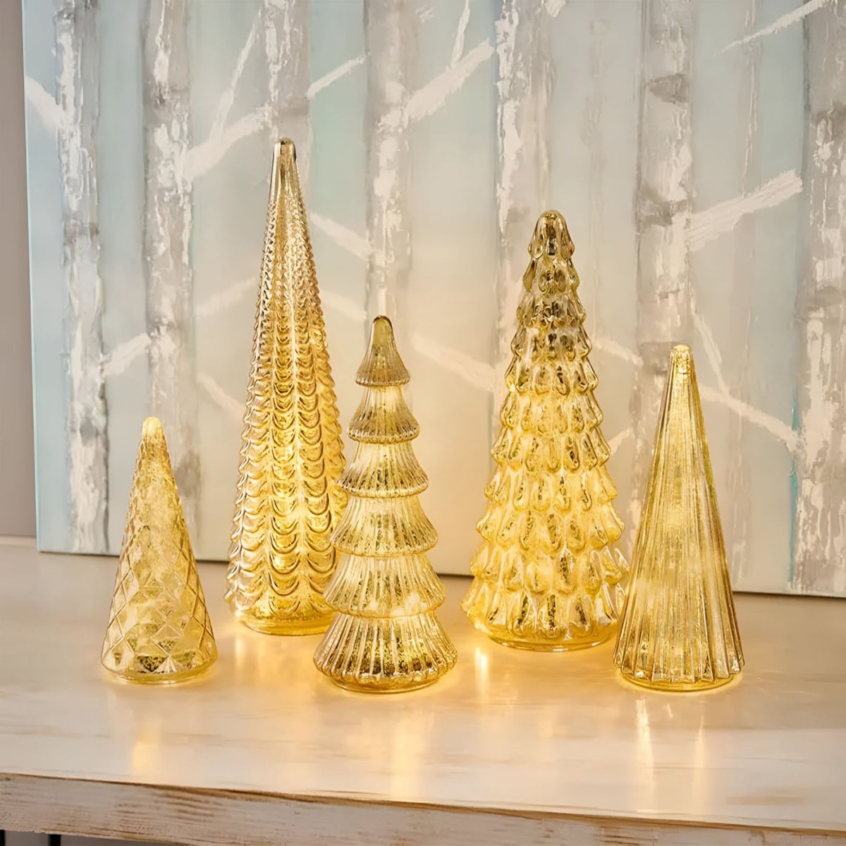 BESTSKY 2026 New Mercury Glass Christmas Tree with Led Lights,5Pcs Illuminated Mercury Glass Trees,Battery Operated,Mercury Glass Christmas Tree Set for Xmas Home Party Centerpiece Mantel Gift 5 Pcs