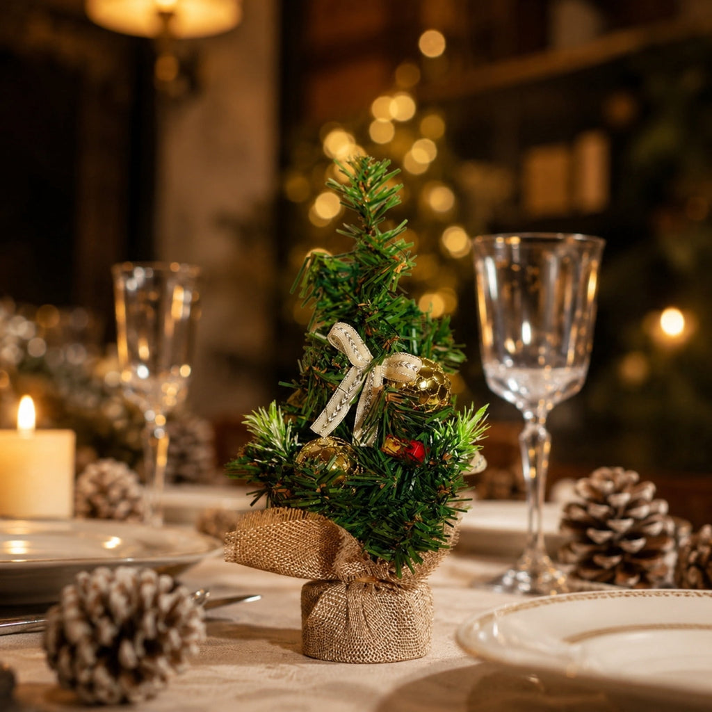 Surpdew Mini Christmas Tree Table Top Decorations- 9" Artificial Small Pine Trees with Burlap Base on Desktop, Shelves, Bedroom, Miniature Scenes Xmas for Home, Office, Party Decor